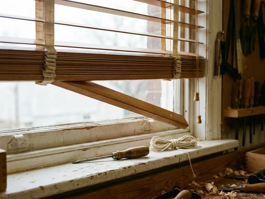 Timber venetian blind at a Menlo Park window mid-repair, spare cord and screwdriver waiting on the painted sill