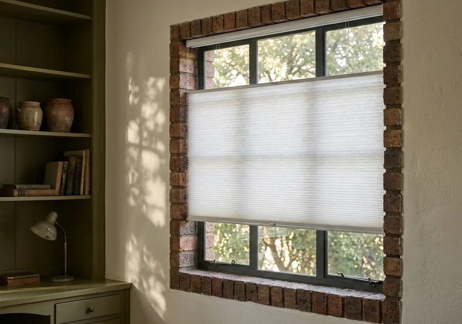 White cellular honeycomb blind lowered part-way inside the brick-lined casement reveal of a Menlo Park study