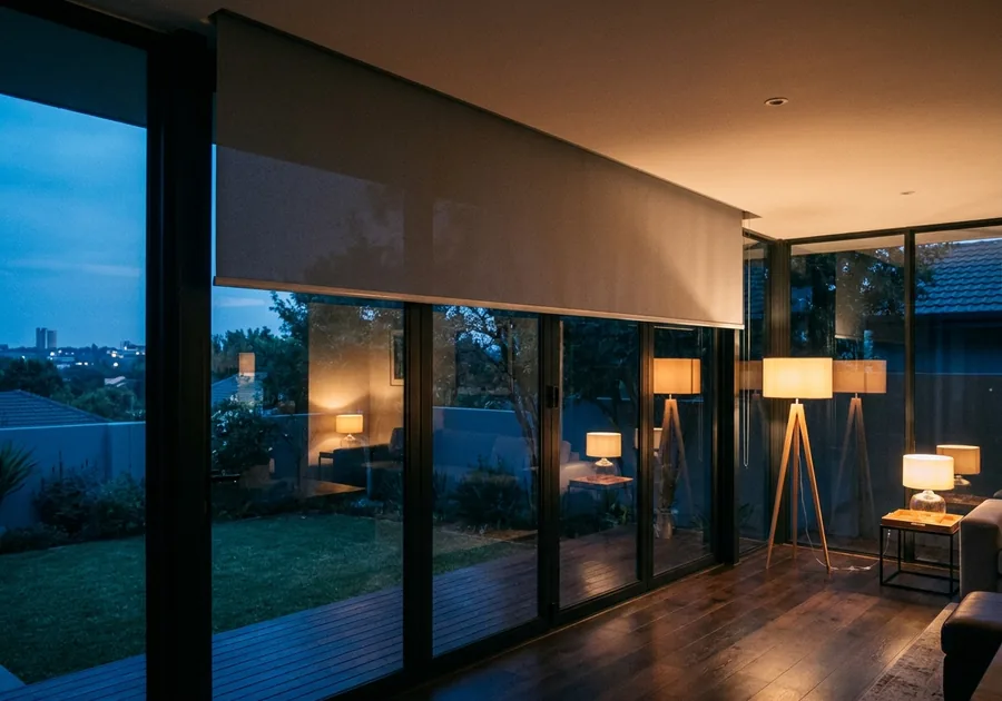 Roller blind descending from a concealed ceiling slot above stacking glass doors in a Menlo Park rear extension at dusk