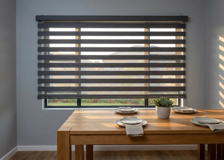 Charcoal day and night blind lowered over a Menlo Park dining-nook window, striped afternoon light on the oak table beneath