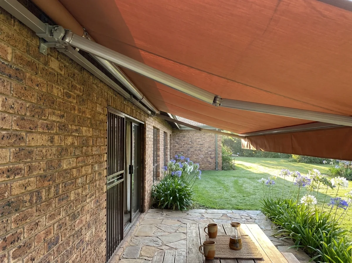 Underside of a terracotta folding-arm awning fixed to a face-brick Menlo Park wall, breakfast table set on the stone patio