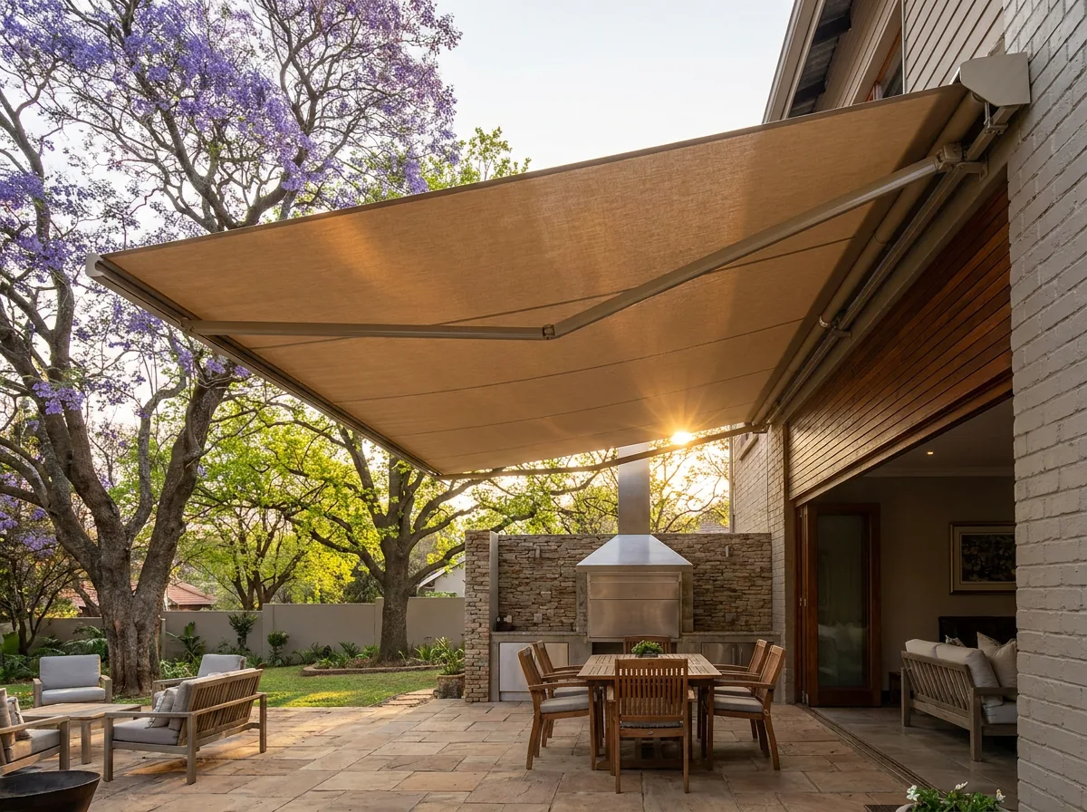 A renovated Menlo Park patio and braai area with a folding-arm awning extended over the paved entertainment space on spring-tensioned arms, established jacaranda and oak trees framing the garden, hard late-afternoon sun visible just beyond the shade line