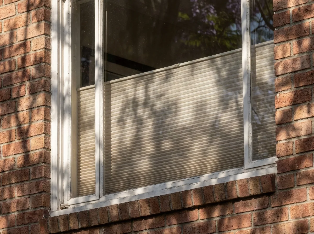 A cellular honeycomb blind lowered halfway over an upper-floor steel casement window of a Menlo Park face-brick home, the fabric's hexagonal cell rows visible, dappled jacaranda leaf-shadow across the white frame