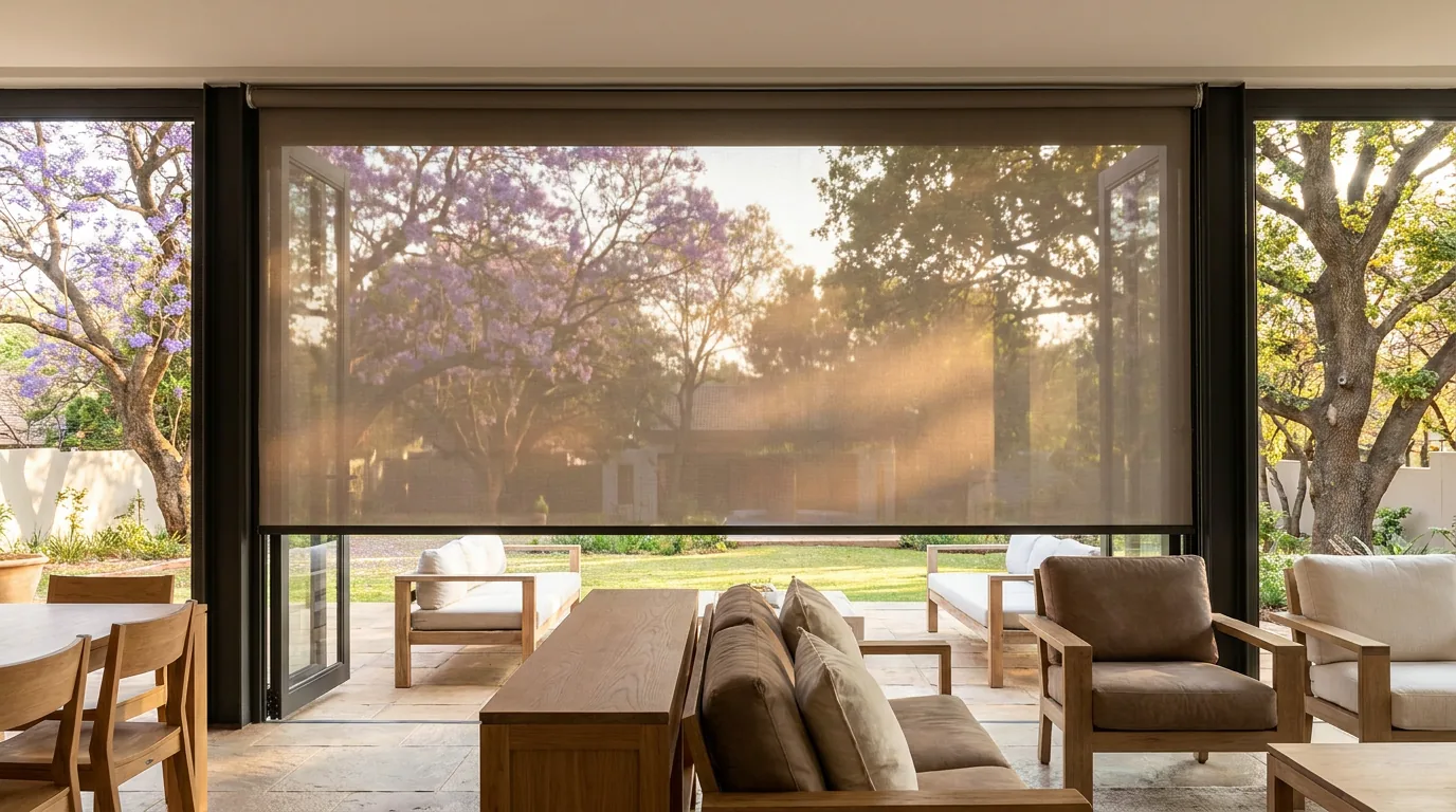 A single flat sunscreen roller blind lowered two-thirds of the way over a wide glass stacking-door extension in a Menlo Park living room, the mature jacaranda-and-oak garden still visible through the mesh as late-afternoon sun streams in