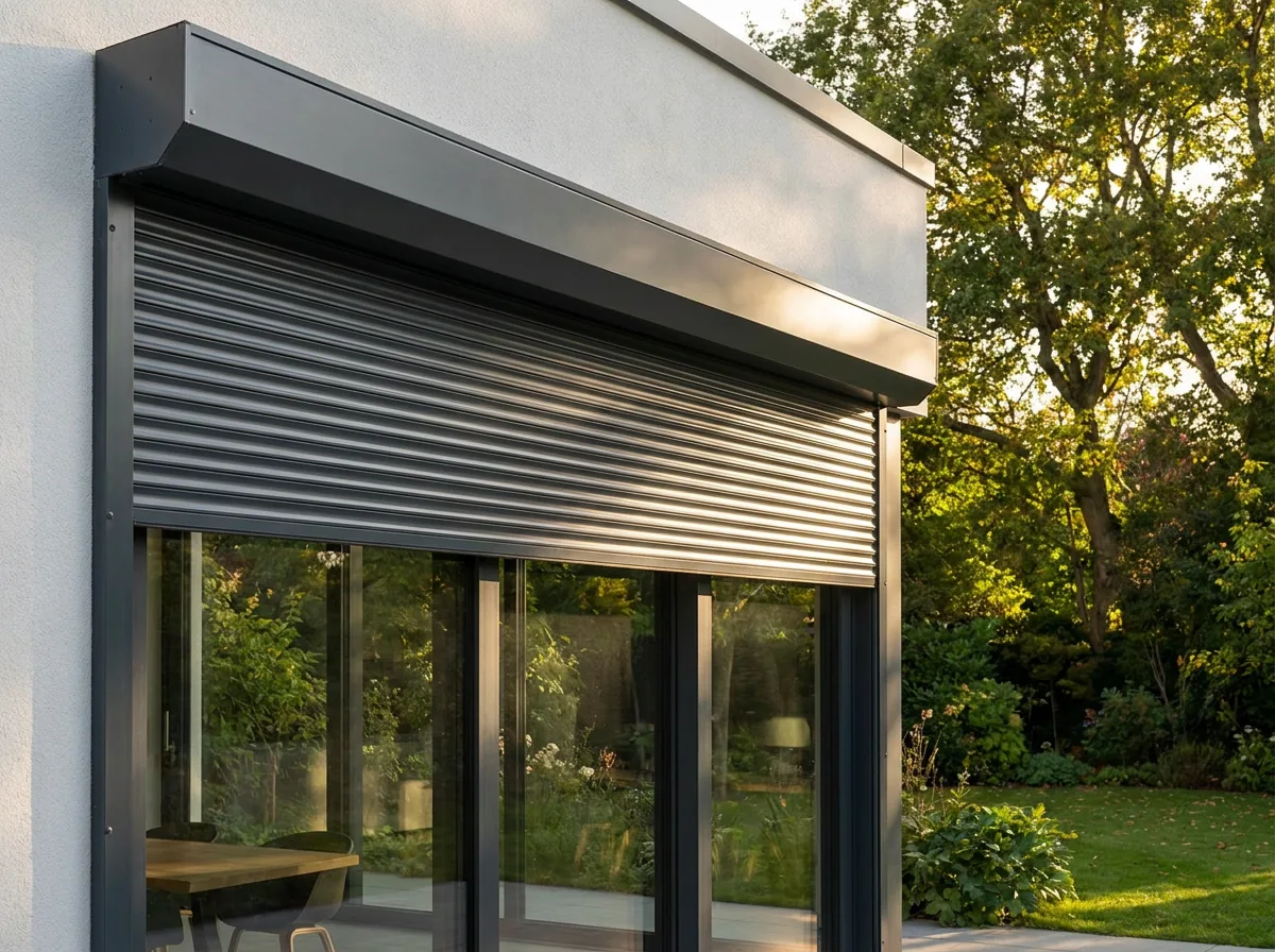 An external aluminium roller shutter rolled halfway down over west-facing aluminium sliding glass doors on a contemporary Menlo Park rear extension, stopping the low afternoon sun before it reaches the glass, mature garden beyond