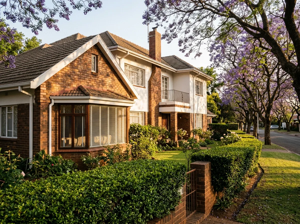 A 1950s double-storey Menlo Park face-brick and white-rendered family home on a jacaranda-lined street in late afternoon, white aluminium venetian blinds tilted half open in a ground-floor bay window, established clipped hedge in front
