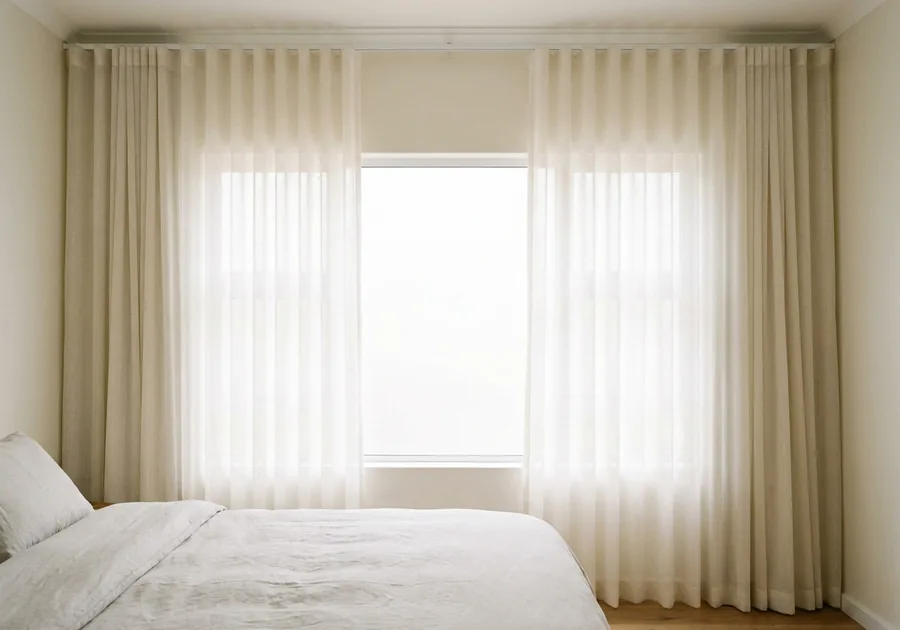 Ivory sheer curtains half-open on a ceiling-mounted motorised track above a Menlo Park bedroom window