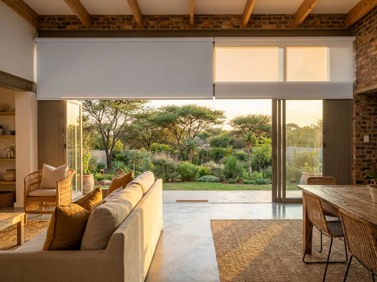 Twin white roller blinds mounted above wide stacking doors in a Menlo Park open-plan extension, golden evening light inside
