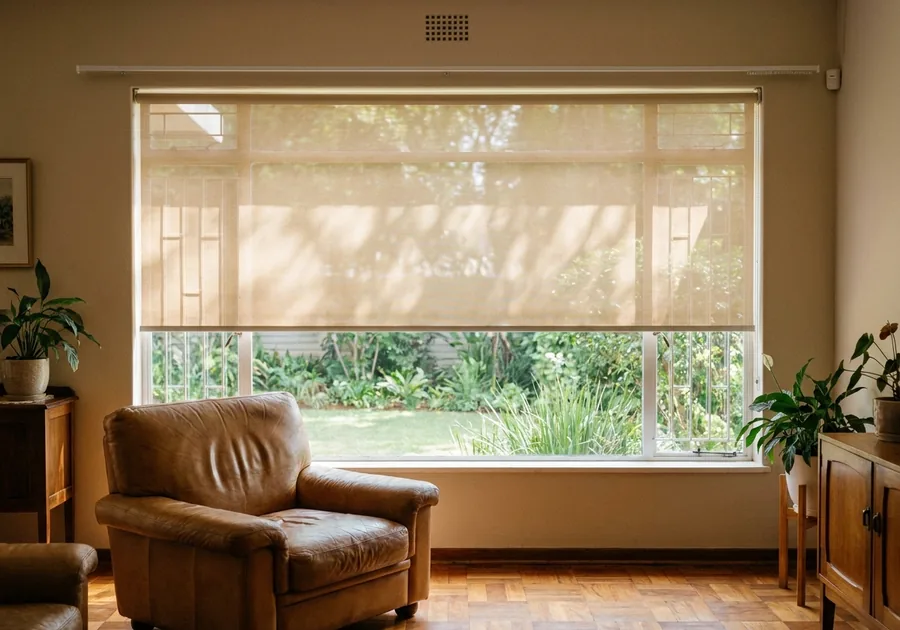 Beige sunscreen roller blind half-lowered over a wide garden window in a Menlo Park lounge, leather armchair on the parquet floor below
