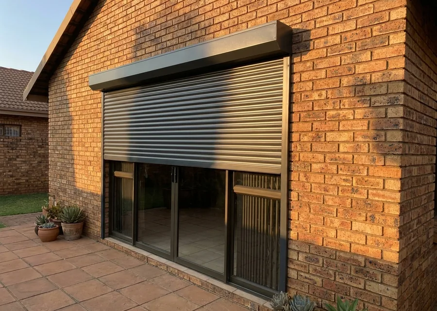 Aluminium roller shutter rolled two-thirds down over sliding doors on a face-brick Menlo Park wall in low western sun
