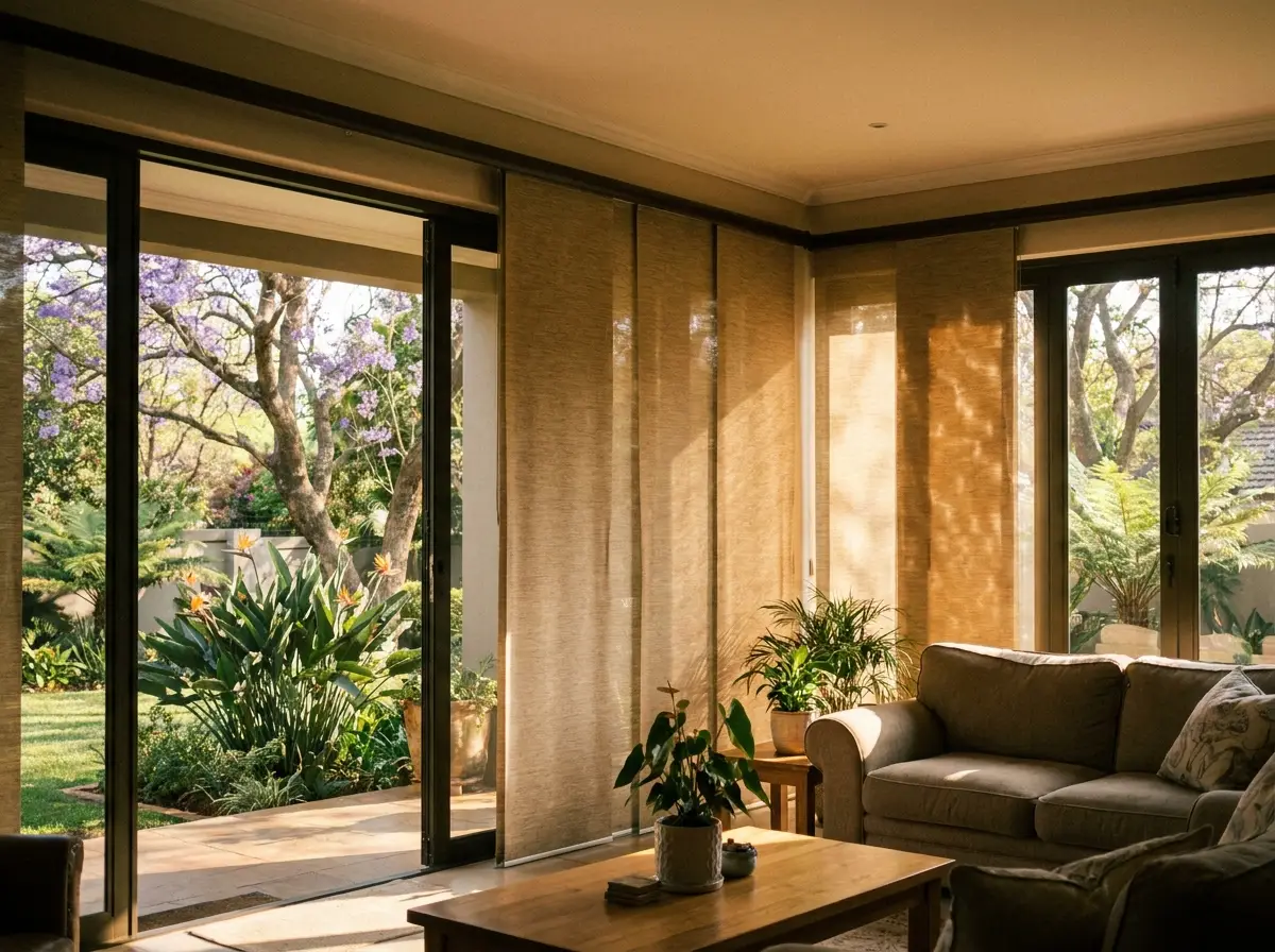 Vertical panel blinds drawn partly aside across a wide sliding door onto a mature Lynnwood garden