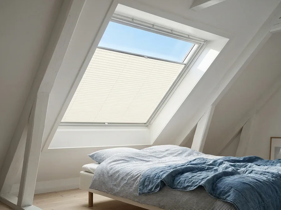Cream pleated blind guided flat across the sloping roof window of a Menlo Park loft bedroom, blue sky above