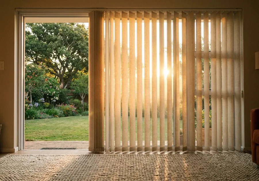 Linen vertical blind vanes tilted across a Menlo Park sliding door as the low western sun drops behind the garden